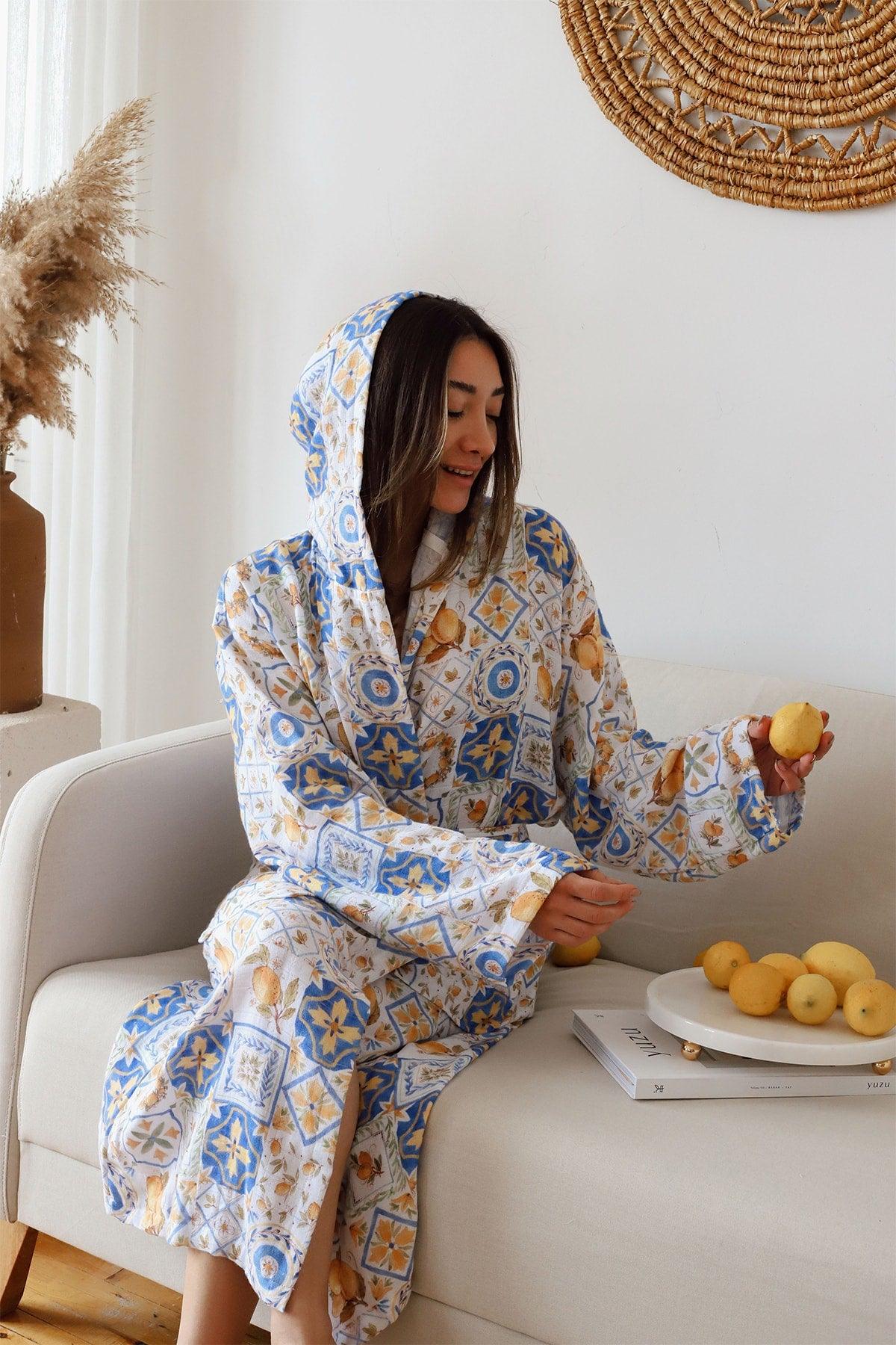 Adult Patterned Muslin Bathrobe, Special Design 100% Cotton 2 Layers Double Sided Hooded - Swordslife