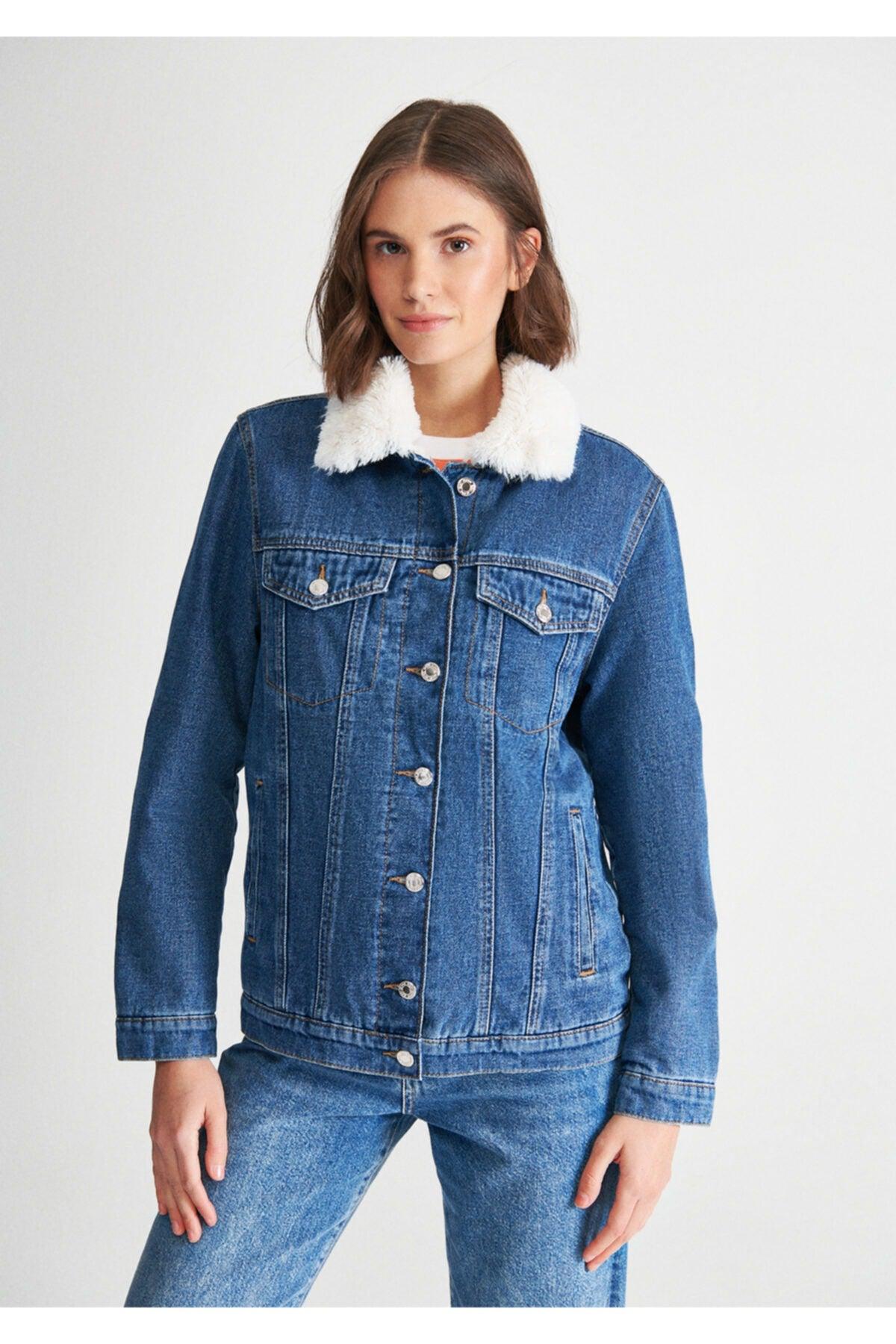 Karla Gold Icon Faux Fur Detailed Jean Jacket Boyfriend 110154-35601 - Swordslife