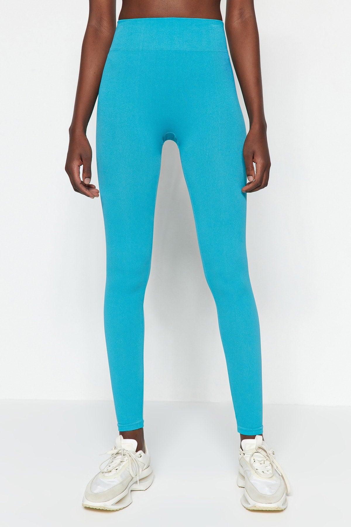 Turquoise Seamless/Seamless Ribbed Full Length Sports Leggings TWOAW20TA0071 - Swordslife