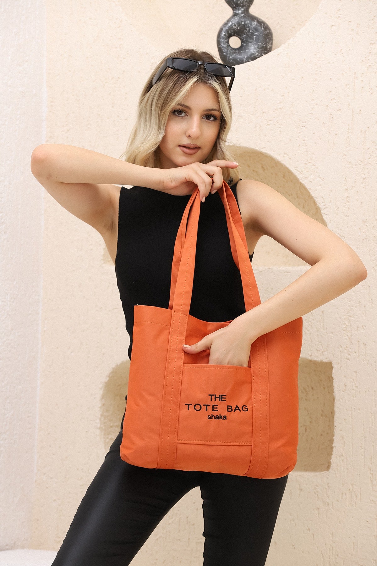 Orange U46 Snap Closure Front Pocket Detailed Tote Bag Embroidered Canvas Women's Arm and Shoulder Bag U:30