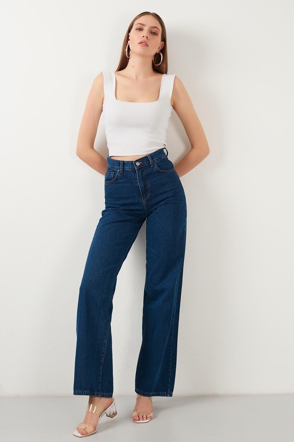 Mellon Dark Blue High Waist Wide Leg Lycra Soft Denim Trousers - Swordslife