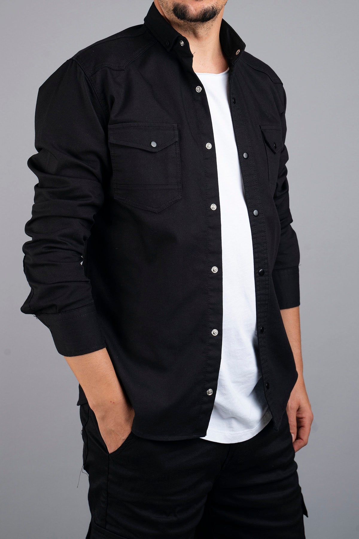 Slim Fit Men'S Denim Shirt Black