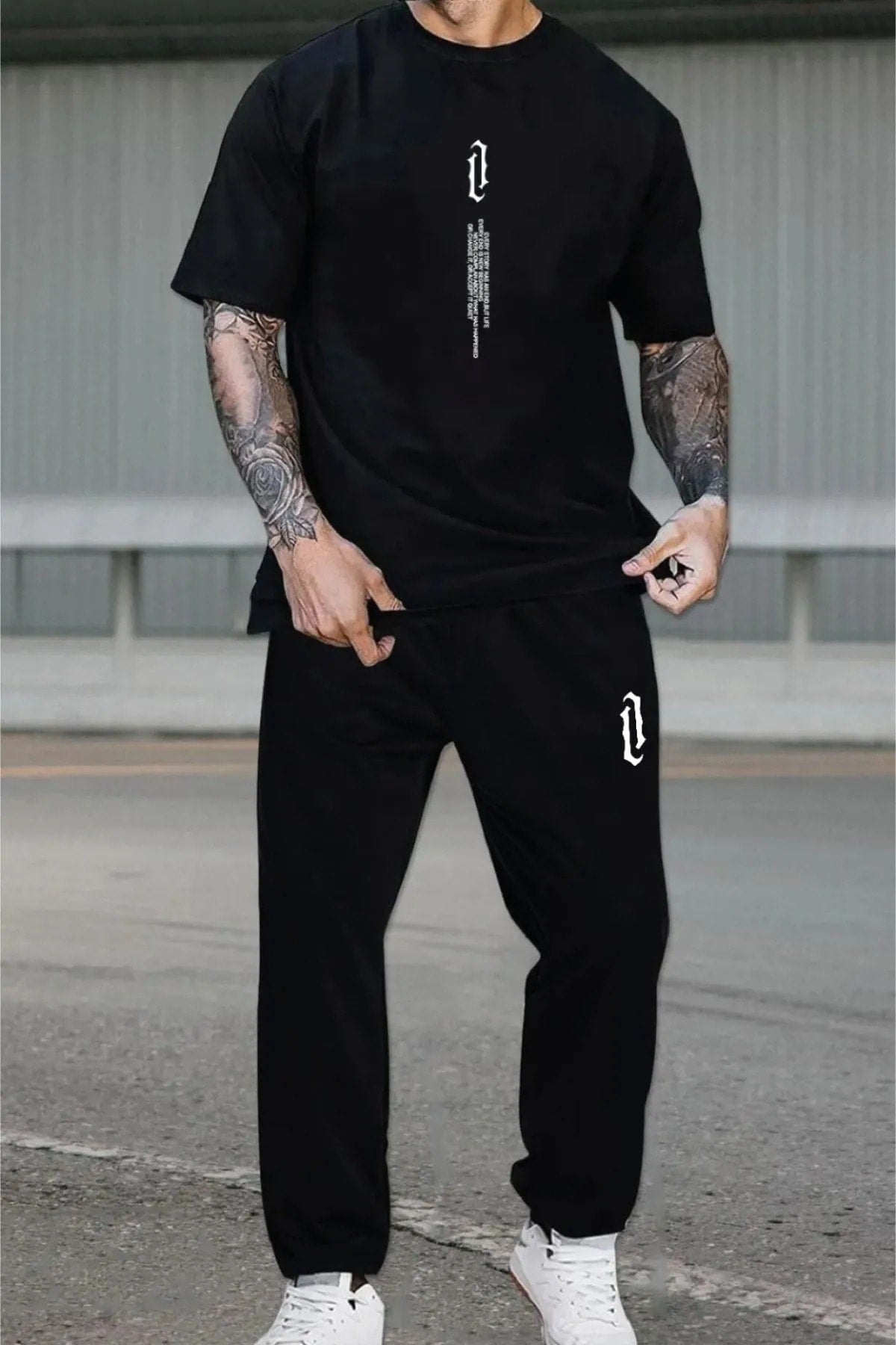 Men'S Black Vertical Oversize Tracksuit T-Shirt Set