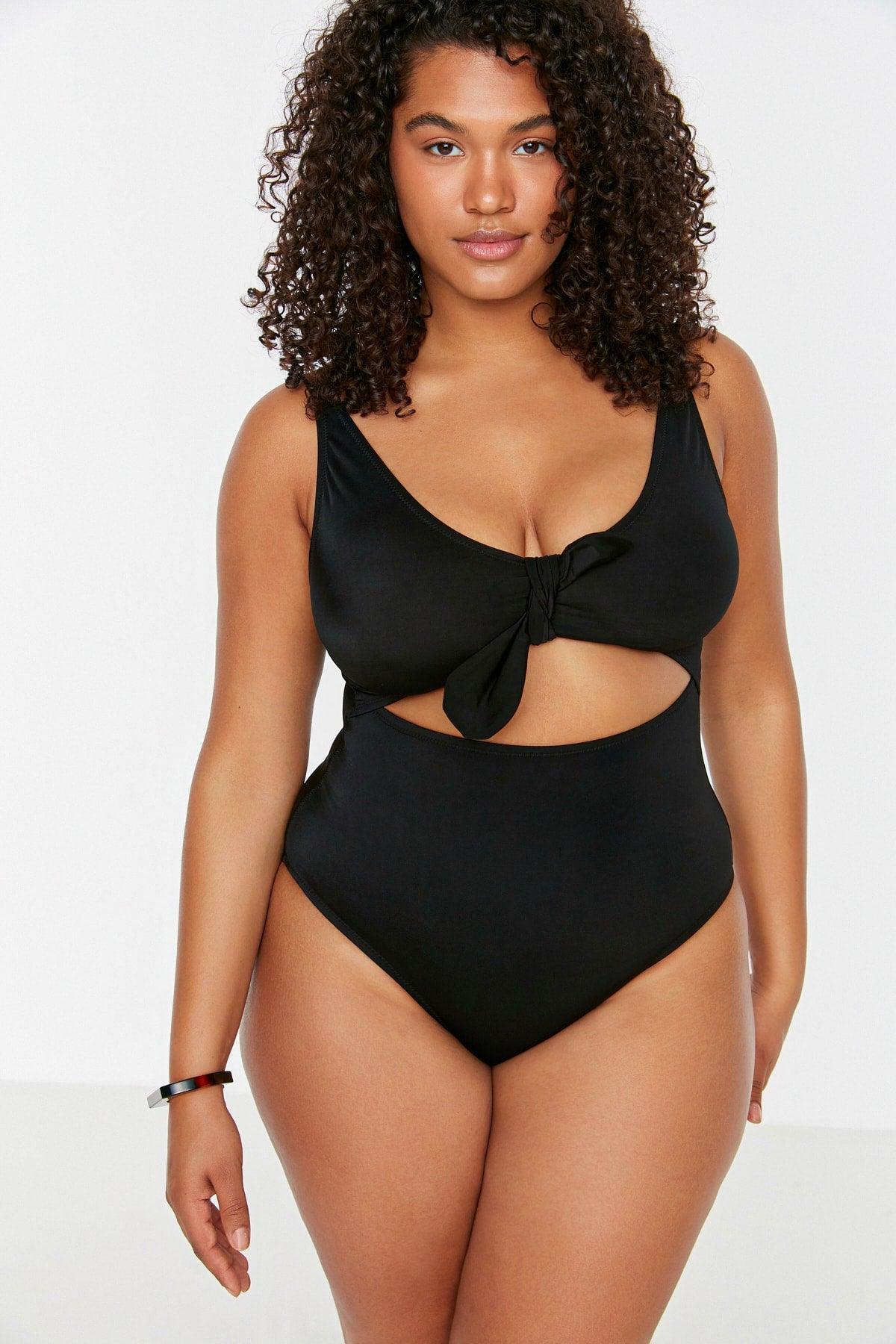 Black Cut Out Tie Detailed Swimsuit TBBSS22MA0302 - Swordslife