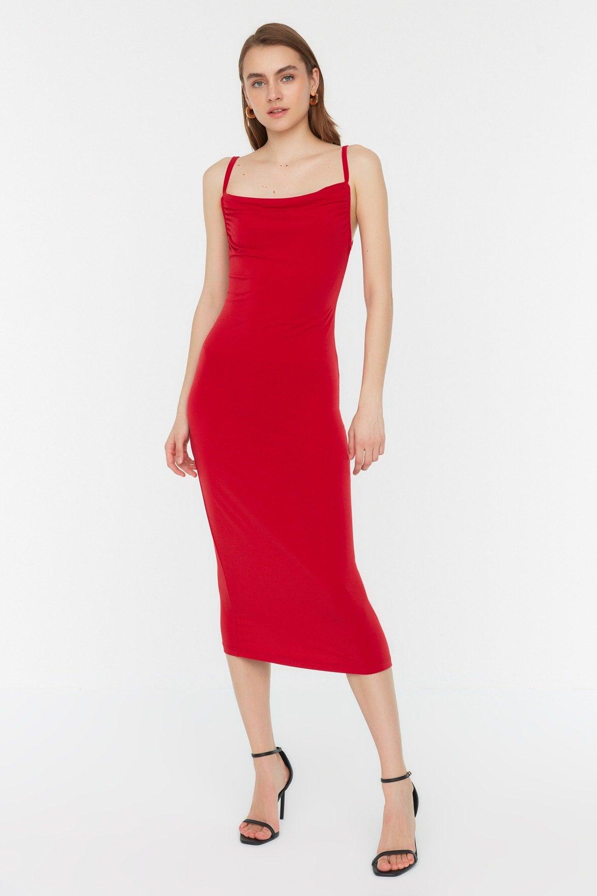 Red Fitted Collar Midi Strap Stretchy Knitted Midi Dress TWOSS19AD0020 - Swordslife