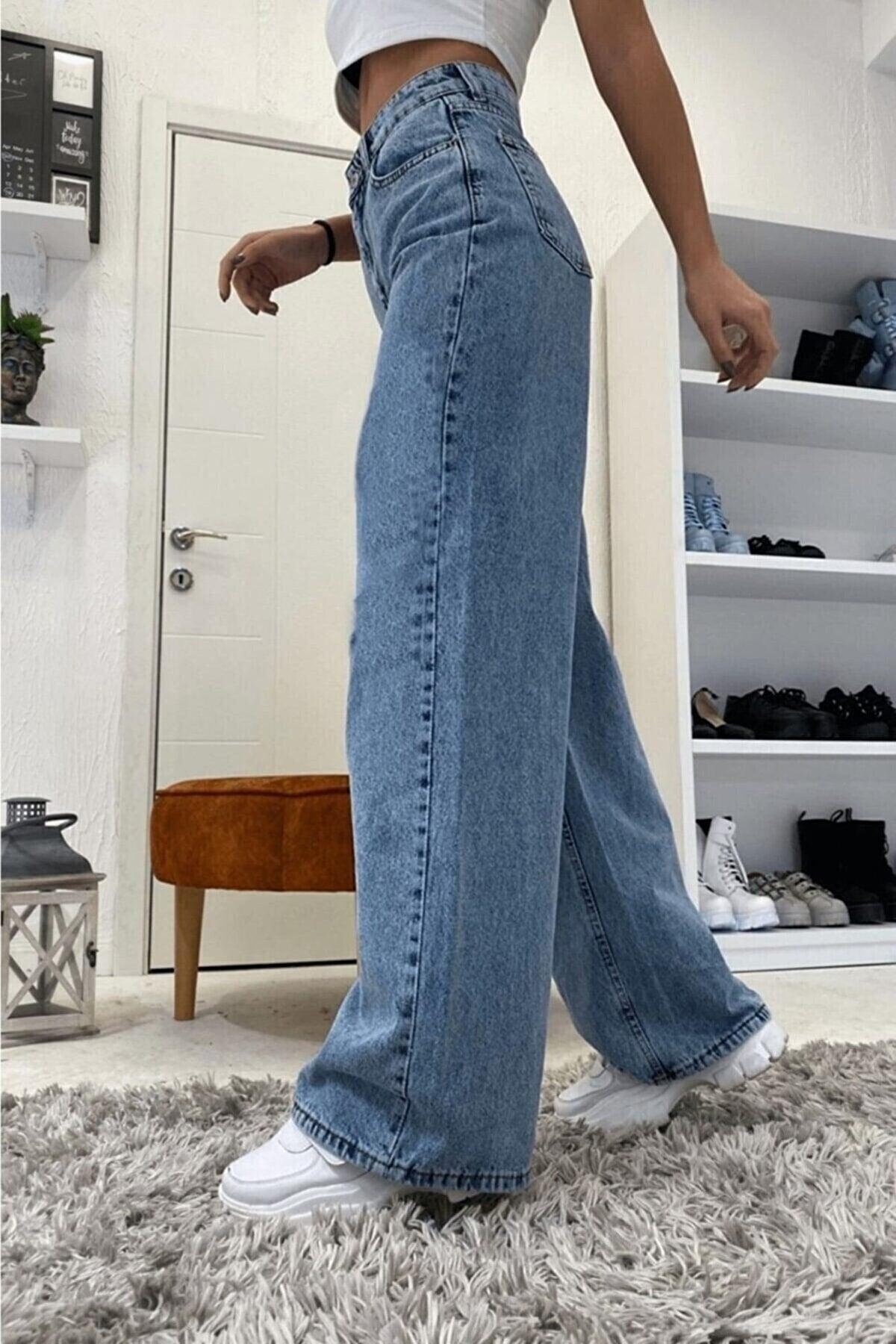 Roman Snow Lycra Women's Blue Super High Waist Wide Leg Denim Jeans Palazzo Pants - Swordslife