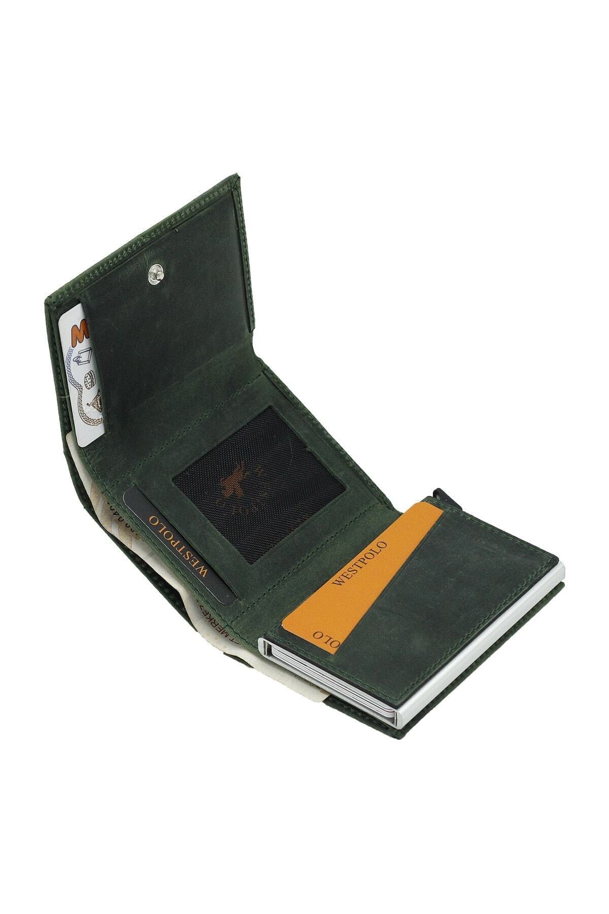 Men'S Green Genuine Leather Mechanism Wallet