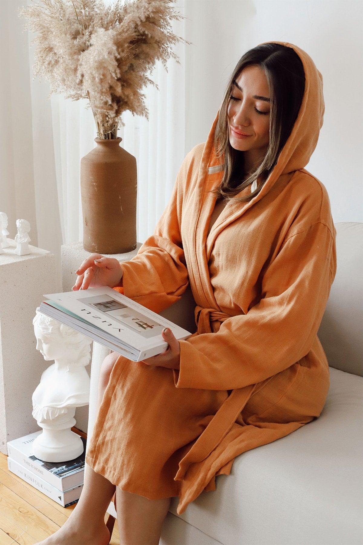 Adult Plain Muslin Bathrobe, Special Design 100% Cotton 2 Layer Hooded Open Tile - Swordslife