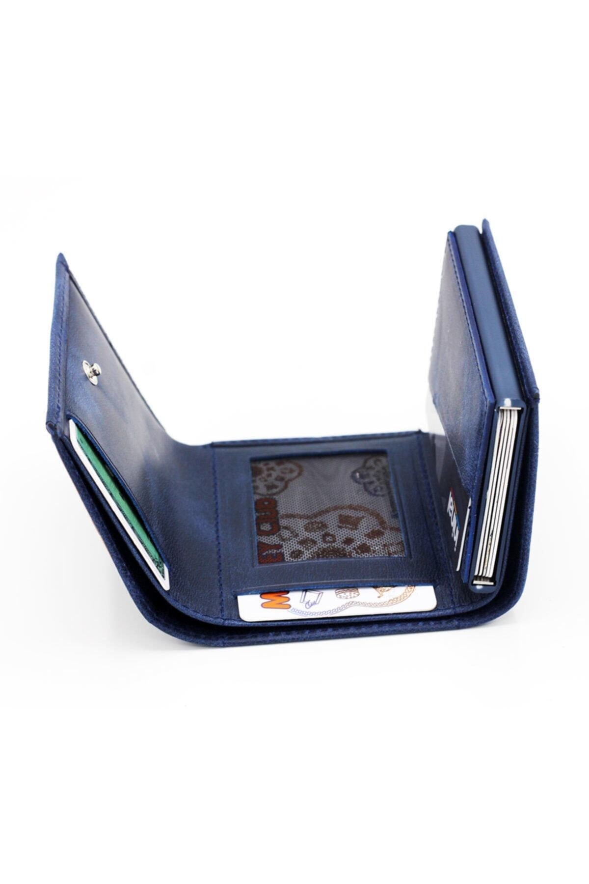 Men'S Navy Blue Leather Mechanism Wallet Card Holder
