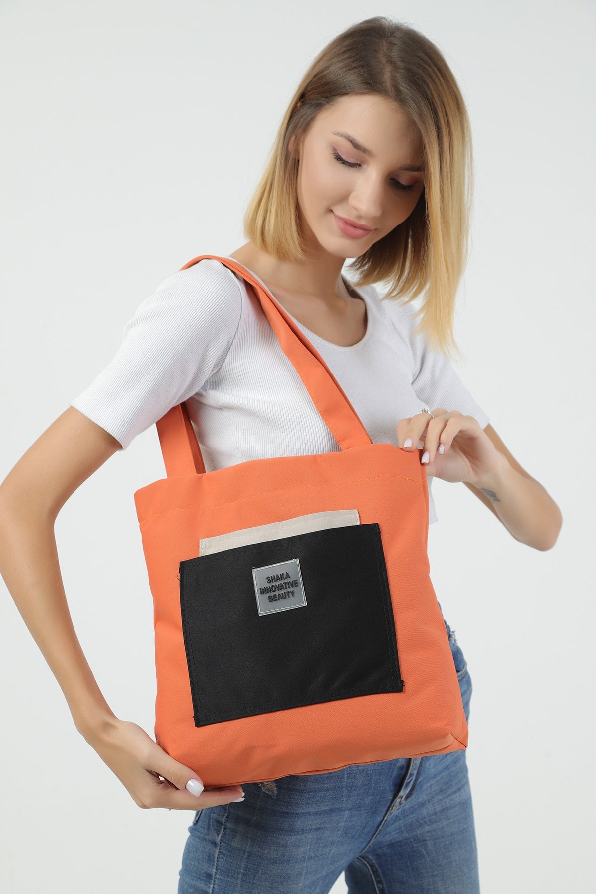 Orange/cream/black U22 3-Compartment Front 2 Pocket Detailed Canvas Fabric Daily Women's Arm And Shoulder Bag B:35