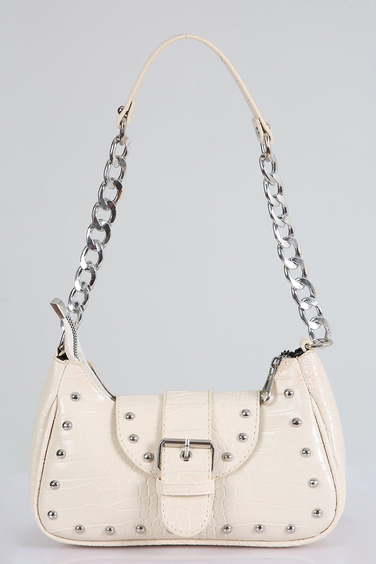 Bony Staple Crocodile Patterned Cream Handbag