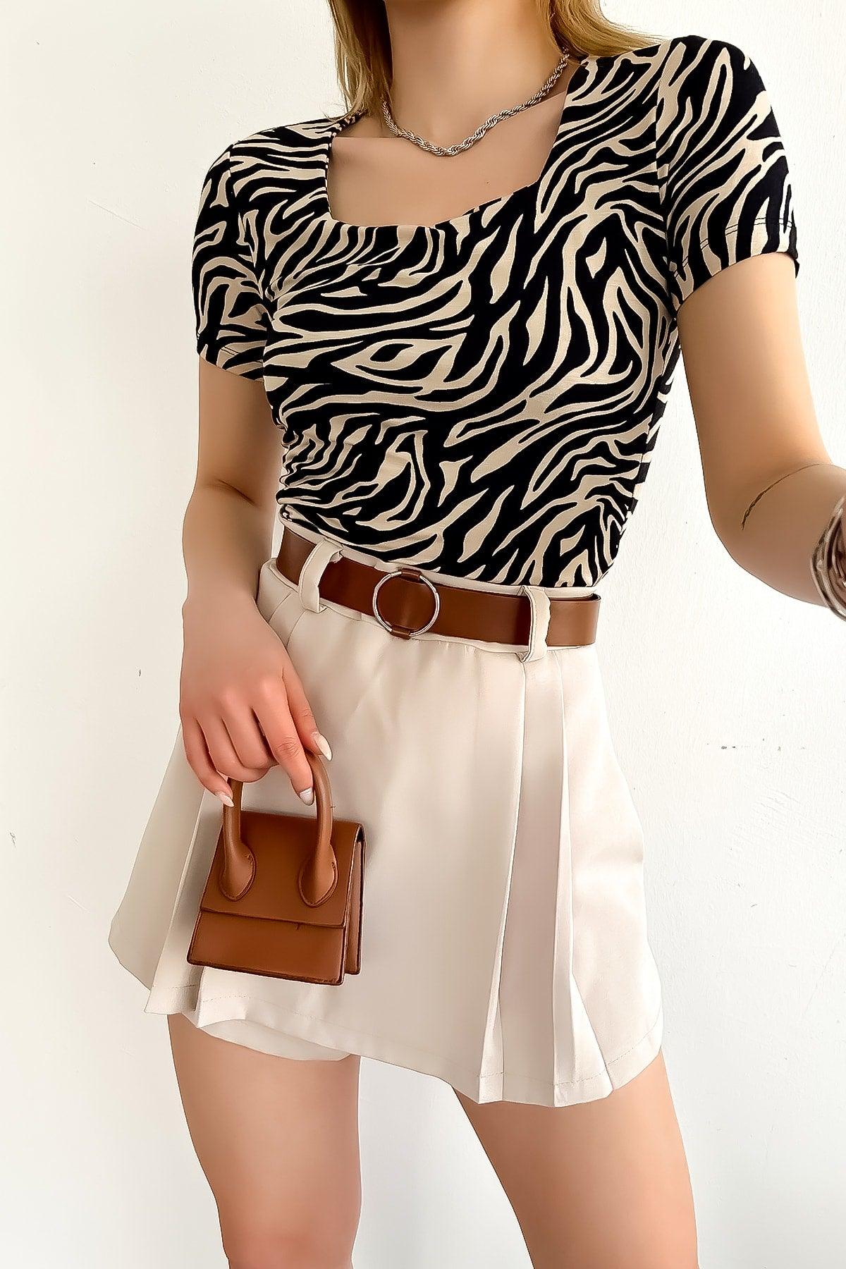 Women's Short Sleeve Square Collar Beige Zebra Pattern Blouse - Swordslife