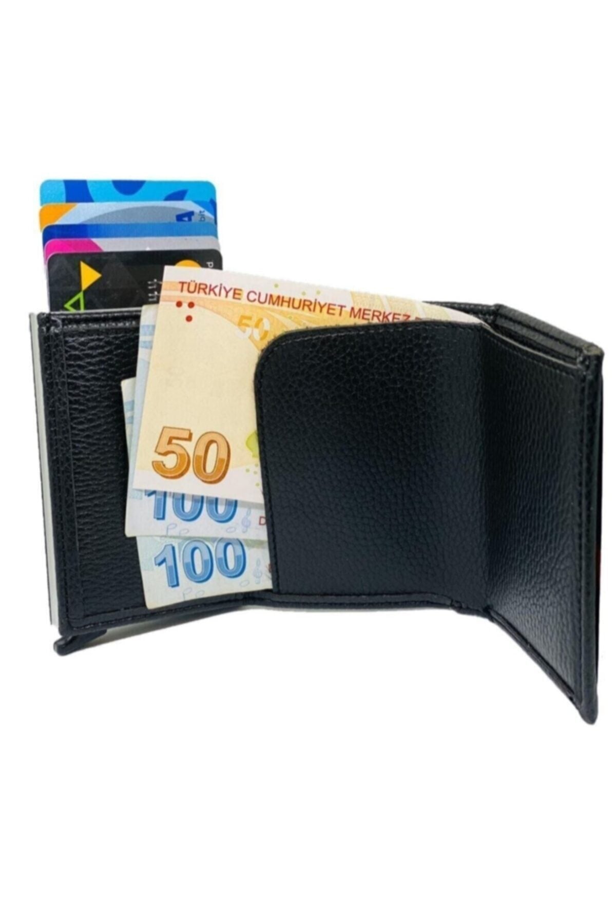 Automatic Mechanism Magnet Leather Black Men's Card Holder Wallet with Money Eyes