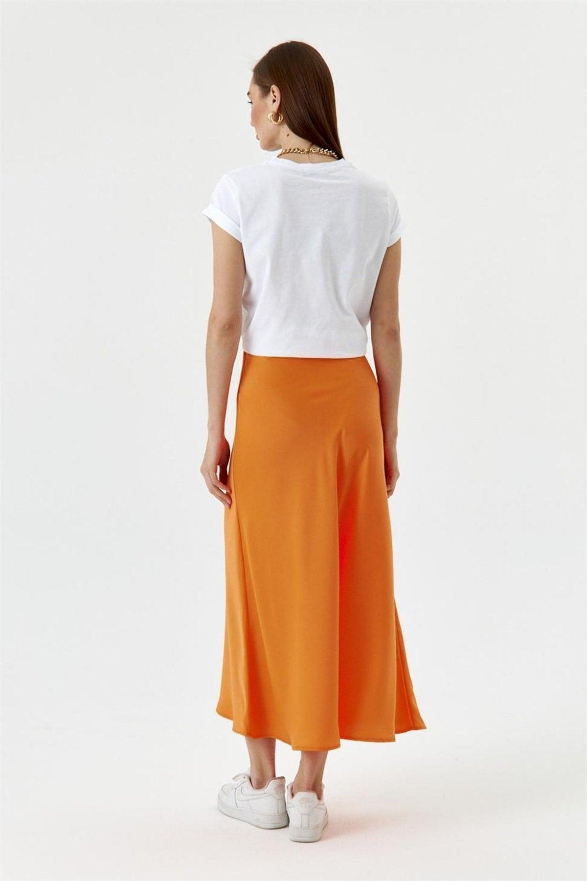 Neon Orange Satin Skirt With Elastic Waist - Swordslife