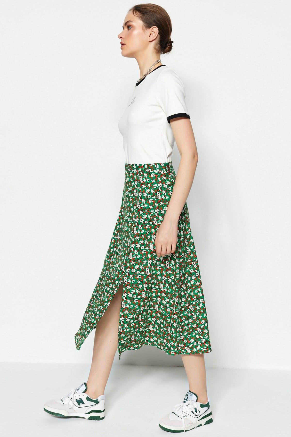 Dark Emerald Green Woven Slit Detailed Viscose Fabric Floral Patterned Skirt TWOSS20ET0230 - Swordslife