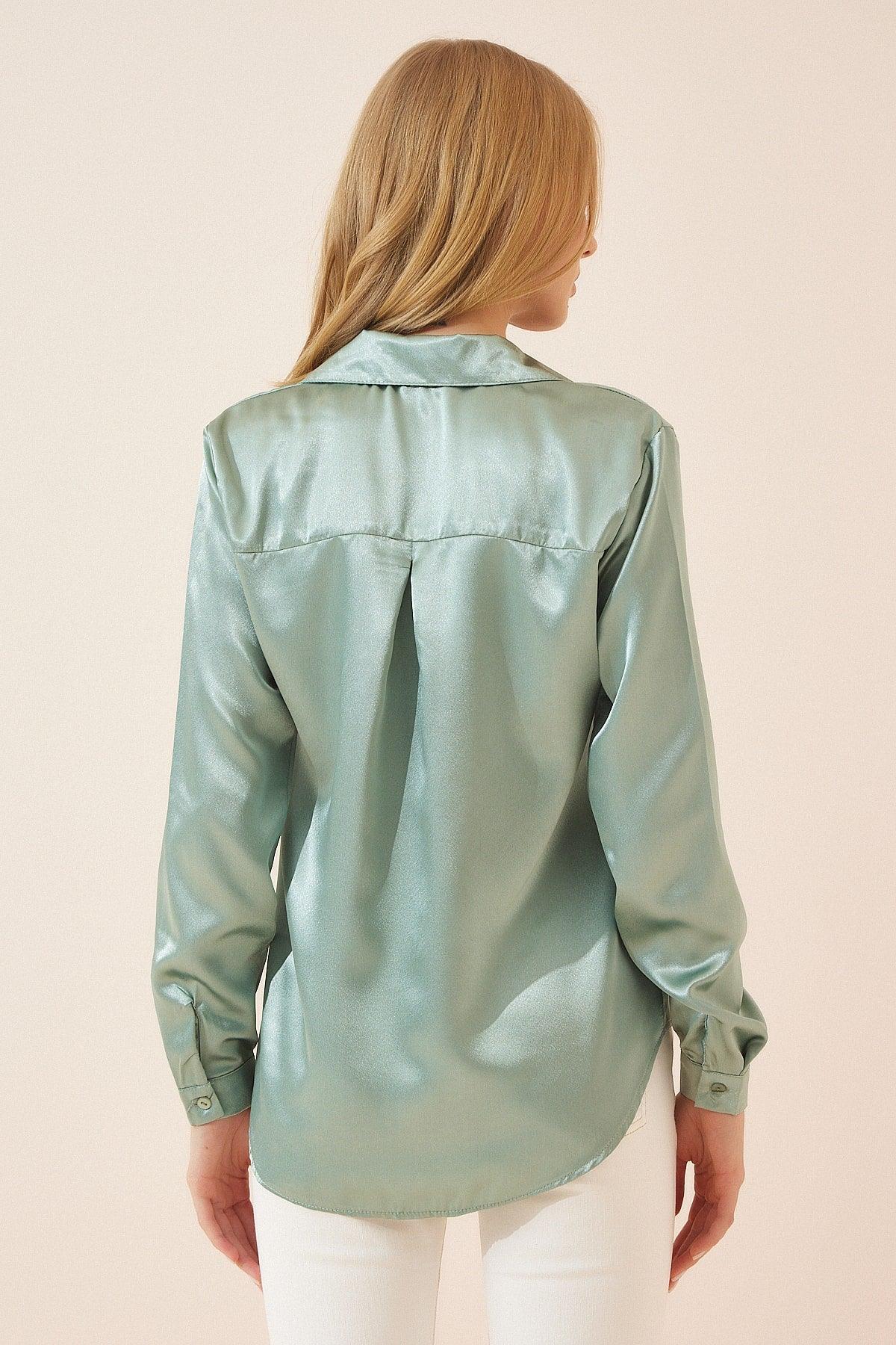 Women's Cagla Green Lightly Flowy Satin Shirt DD00990 - Swordslife