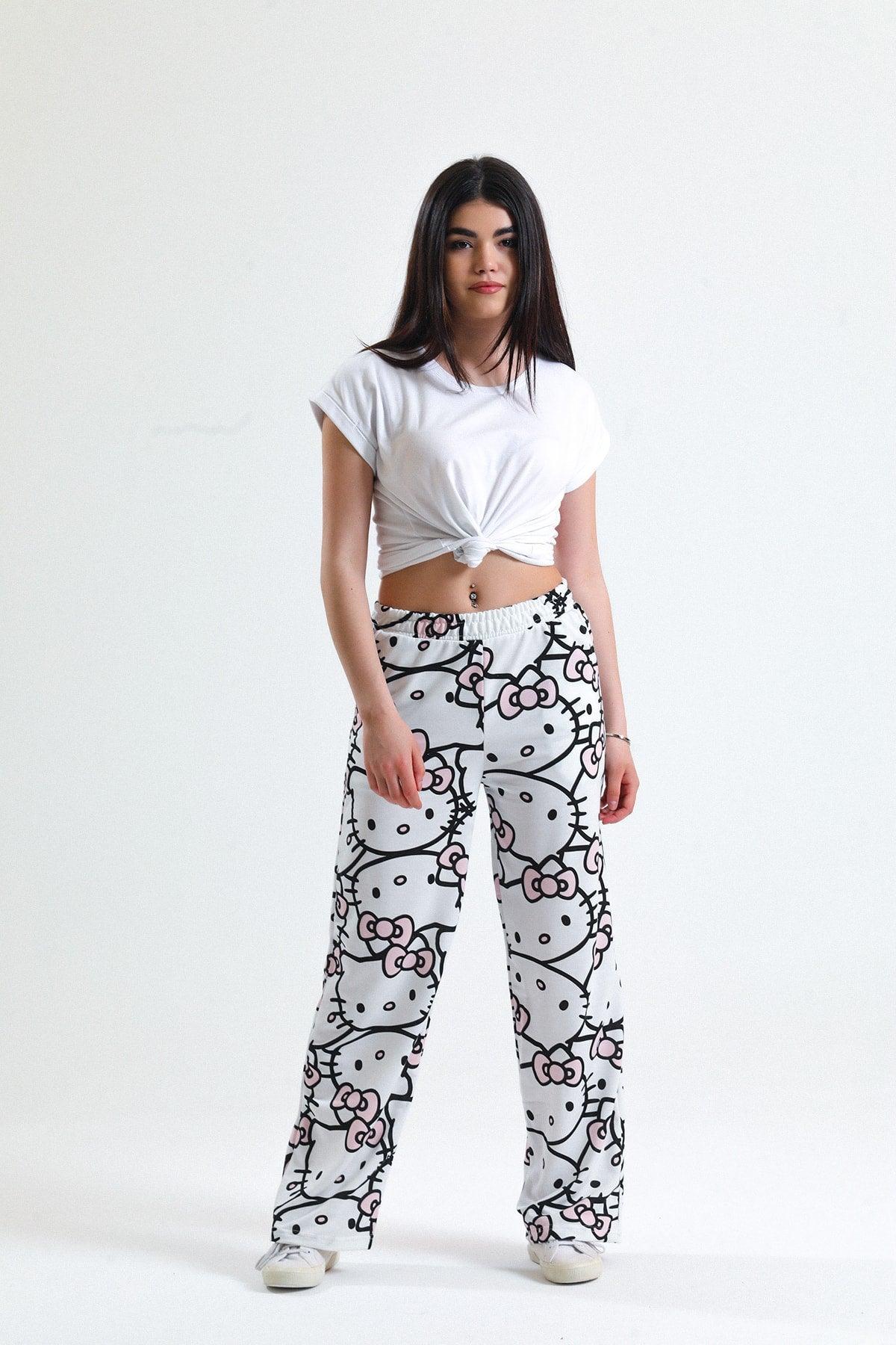 Unisex White Hello Kitty Cat Wide Leg Sweatpants - Swordslife