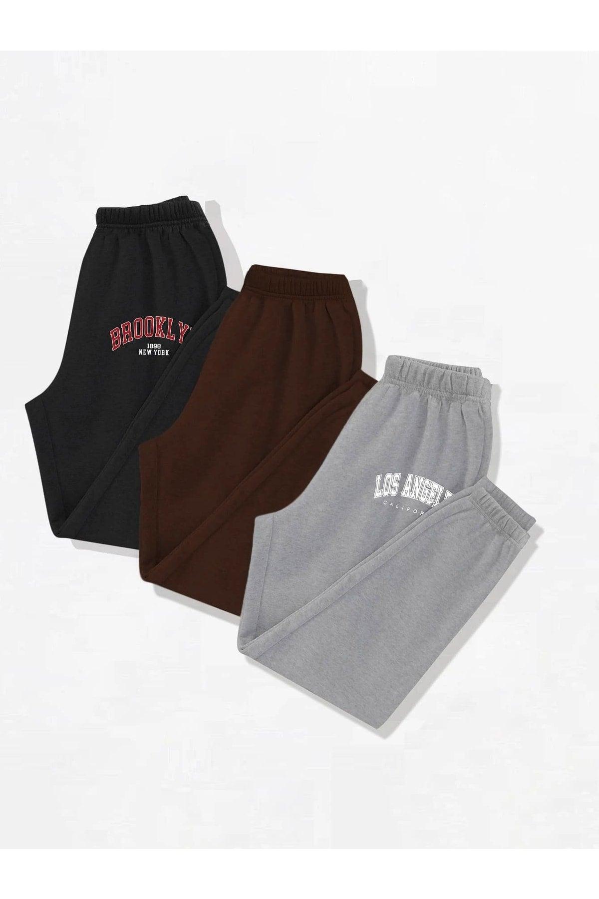 3-pack City Printed Jogger Sweatpants - Black, Gray And Brown, Elastic Legs, High Waist, Summer - Swordslife