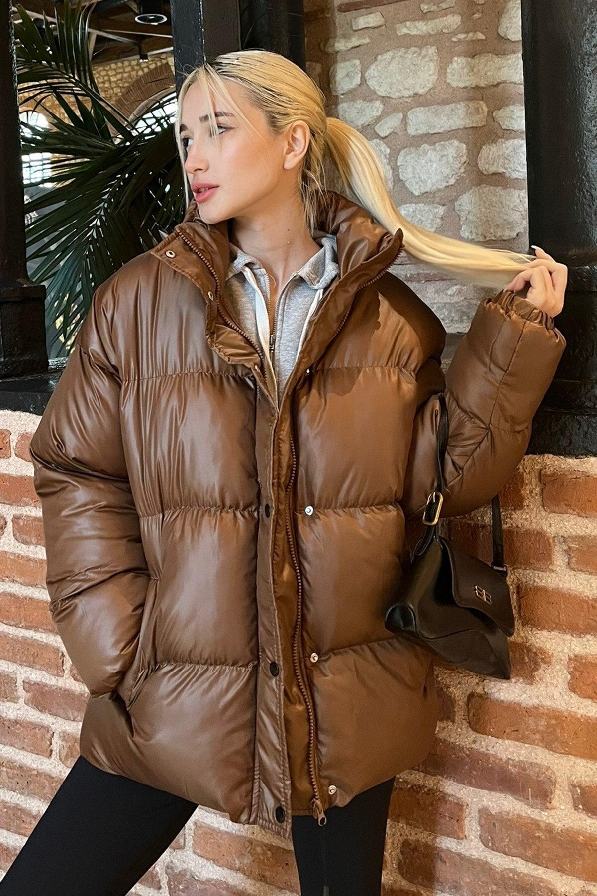 Brown Basic Oversize Women's Down Jacket Mg1582 - Swordslife