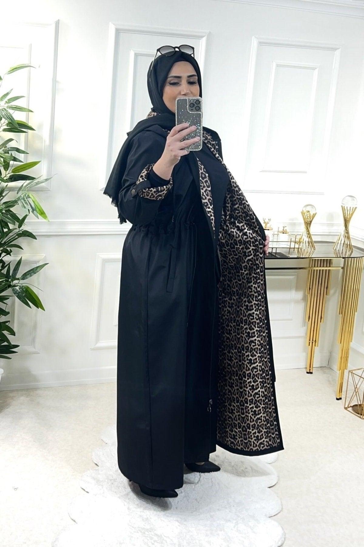 Plus Size Setenay Full Length Inner Leopard Double Sleeve Trench - Black - Swordslife