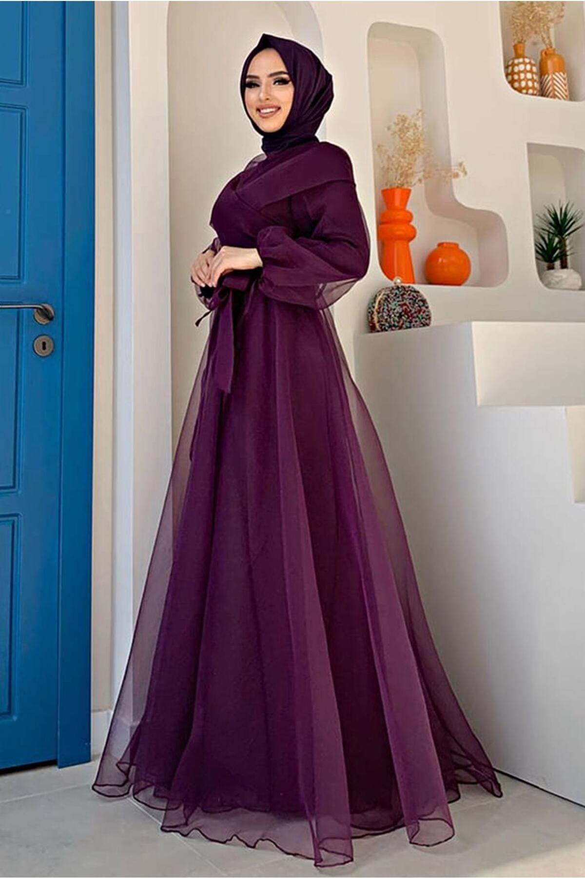 Women's Purple Belted Tulle Evening Dress T 4693 - Swordslife