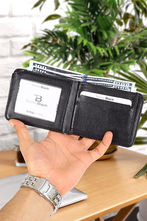 Original Men'S Black Sport & Stylish Boxed 10 Card Holder 3 Id And 1 Paper Money Compartment Leather Fabric Wallet
