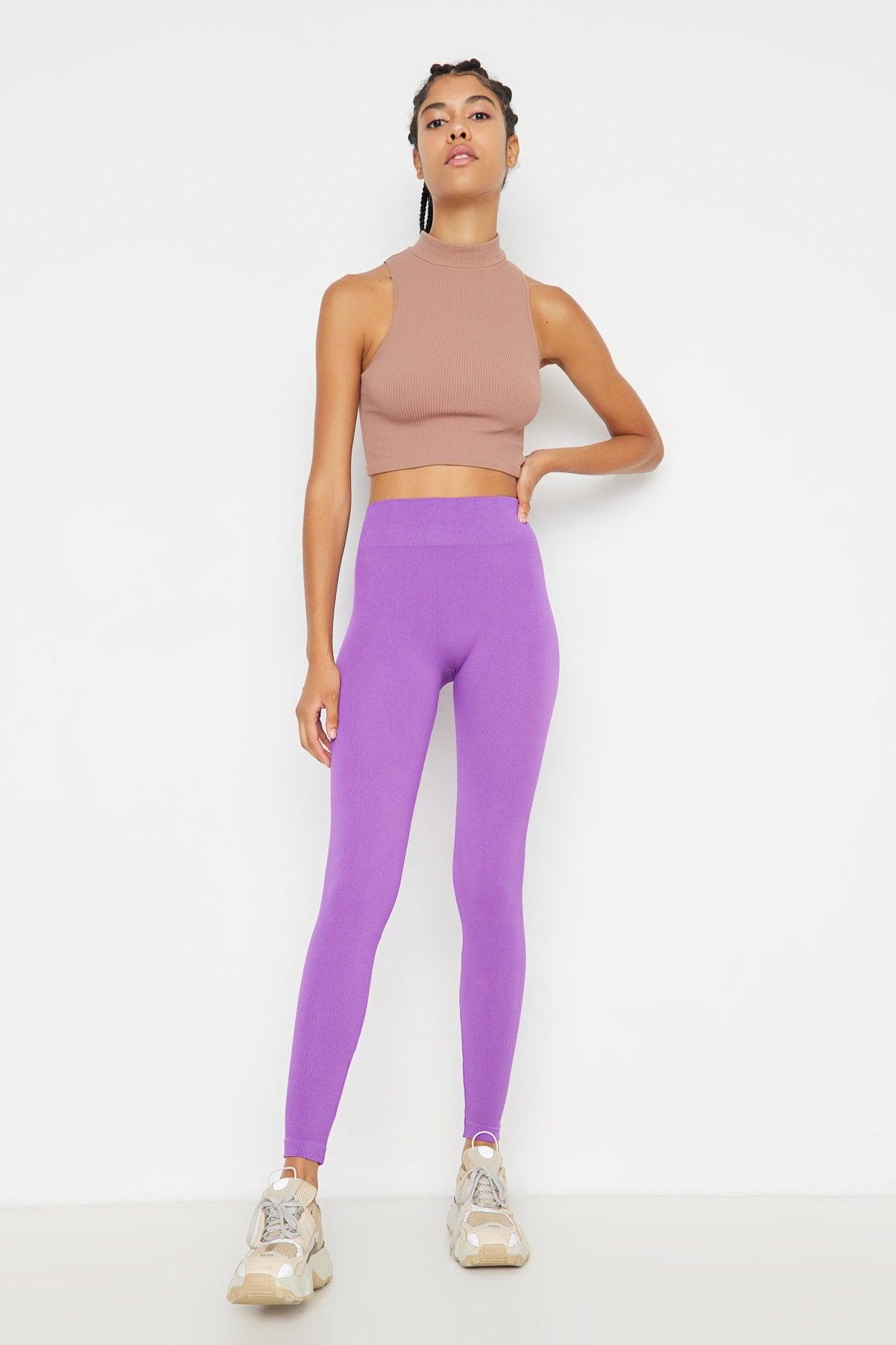 Purple Seamless/Seamless Ribbed Full Length Sports Leggings TWOAW20TA0071 - Swordslife