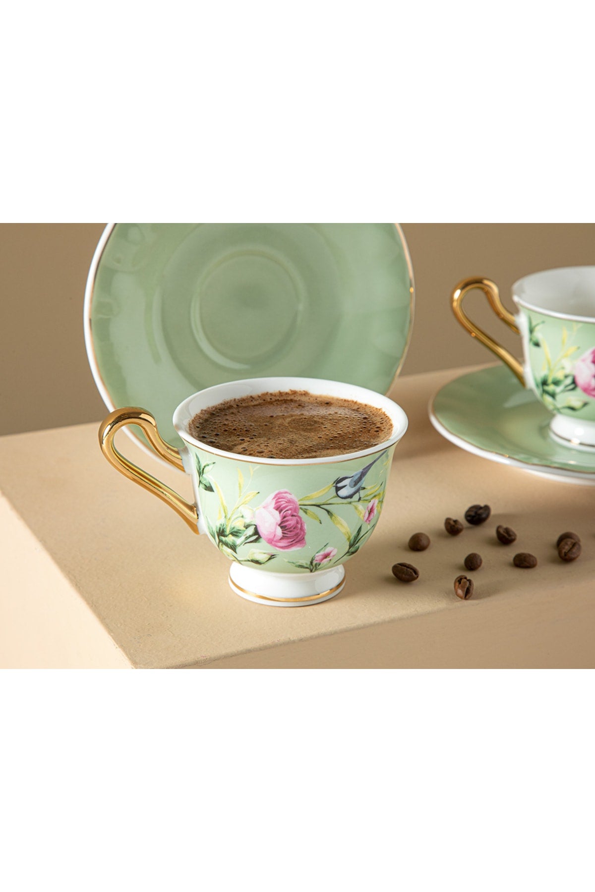 Vanilla New Bone China 4 Piece Set of 2 Coffee Cups 90 Ml Light Green