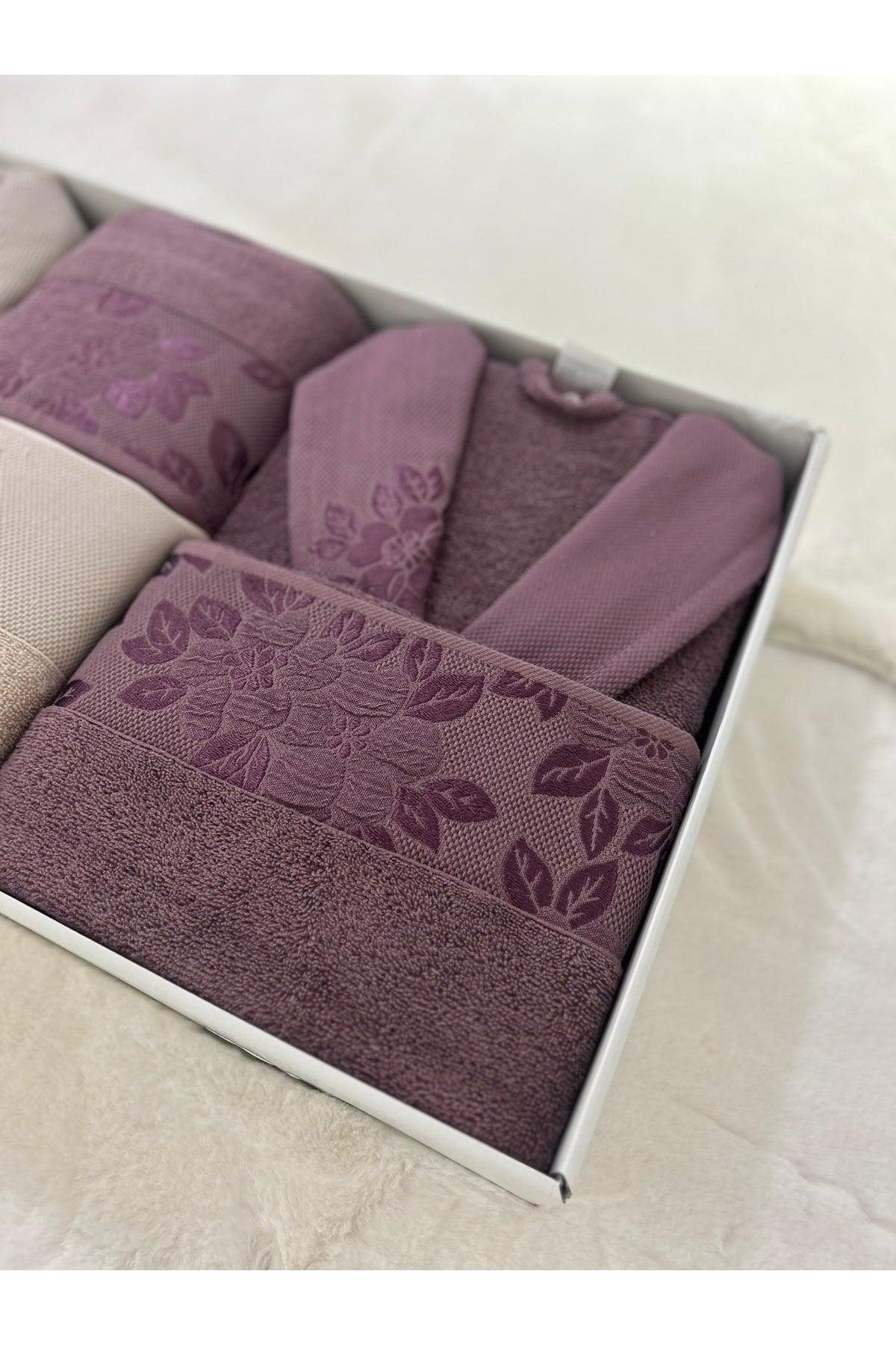 Nazar 8 Piece Bathrobe Set Beige - Plum - Swordslife