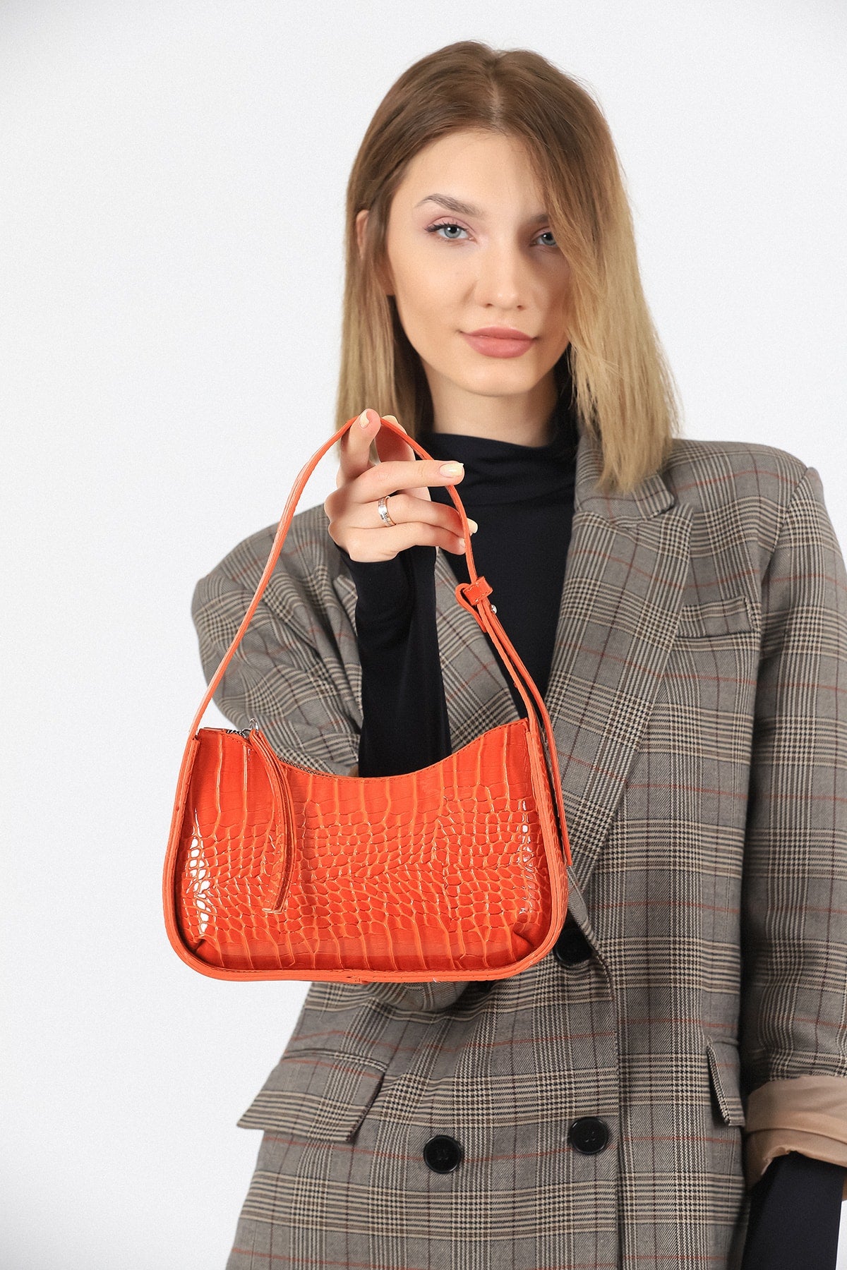 Women'S Crocodile Patterned Orange Baguette Bag