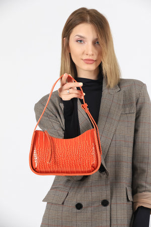 Women'S Crocodile Patterned Orange Baguette Bag