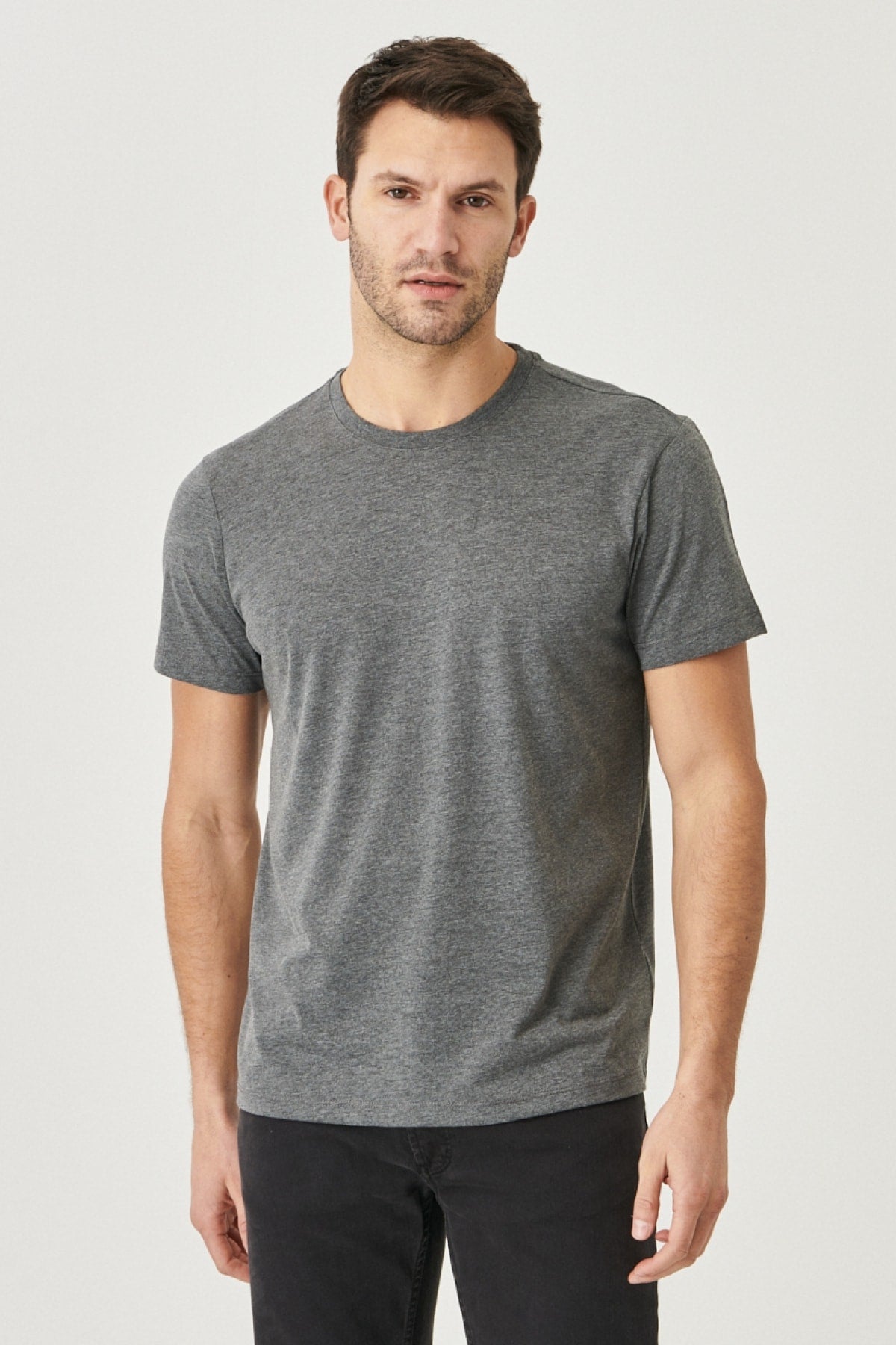 Men'S Anthracite Cotton Slim Fit Slim Fit Crew Neck Short Sleeved T-Shirt