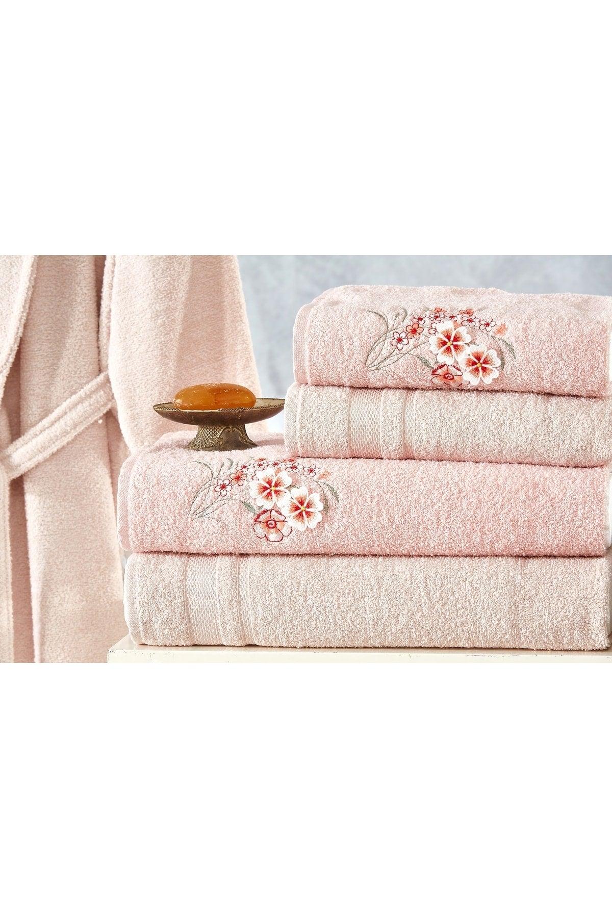 Family Embroidered Pink & Cappuccino Family Bathrobe Set 6 Pieces Dowry Women Men Bath Towel Set - Swordslife