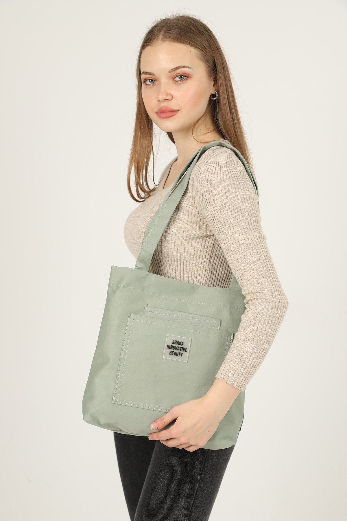 Green U22 3-Compartment Front 2 Pocket Detailed Canvas Fabric Daily Women'S Arm And Shoulder Bag B:35 E:35