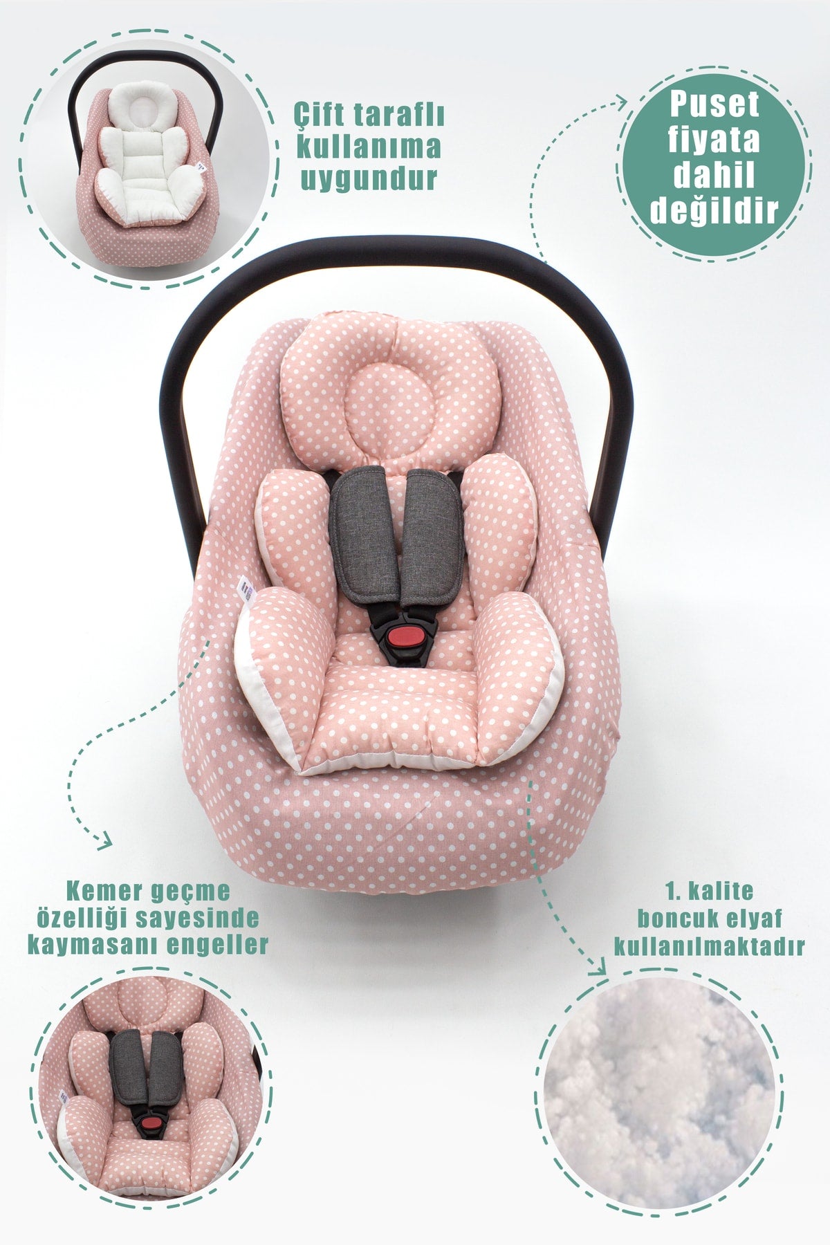Orthopedic Stroller Cushion, Cover And Bed Sheet Set Of 3, 100% Cotton Fabric, Polka Dot, Pink Color