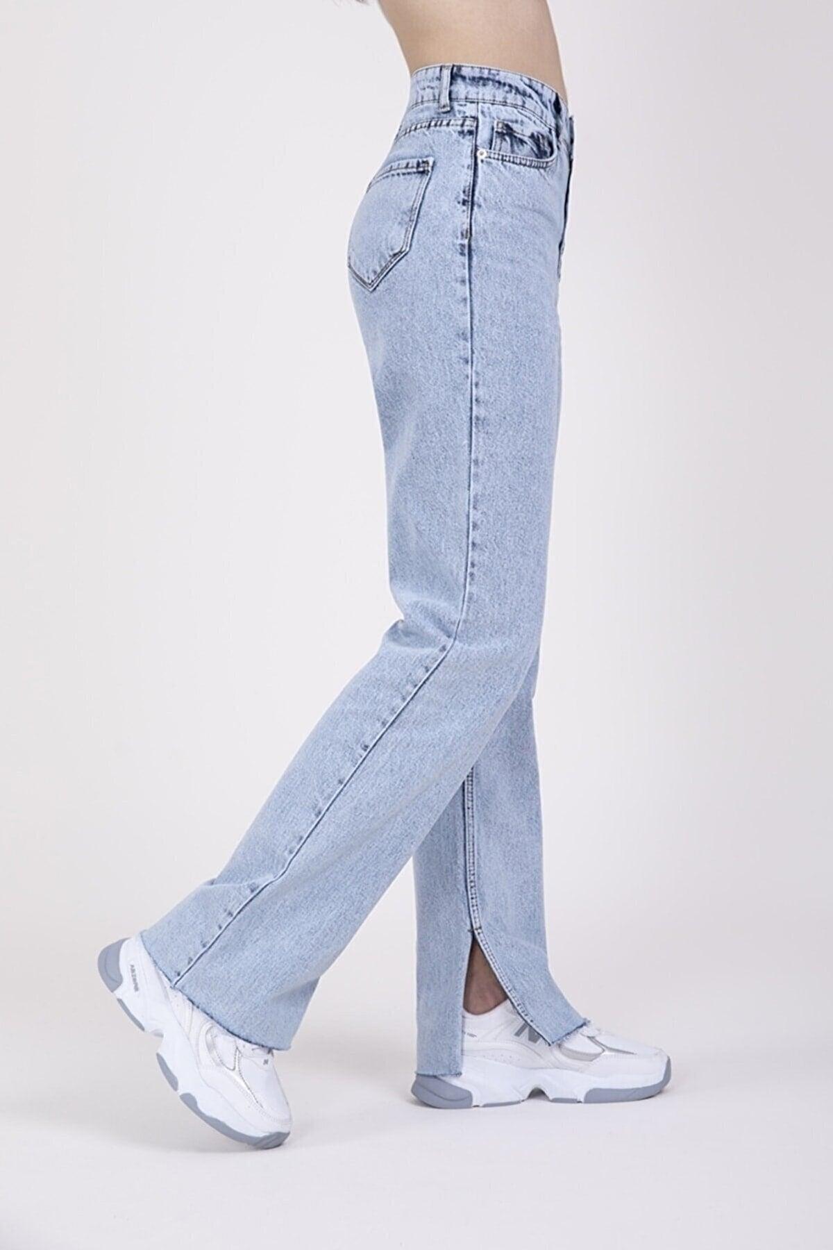 Women's Blue Slit High Waist Jean Trousers - Swordslife