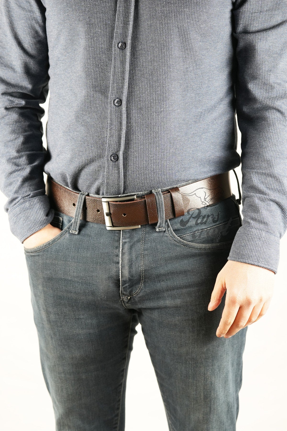 Genuine Buffalo Leather Men'S Belt 4.5 Cm Brown Jeans Sport Belt