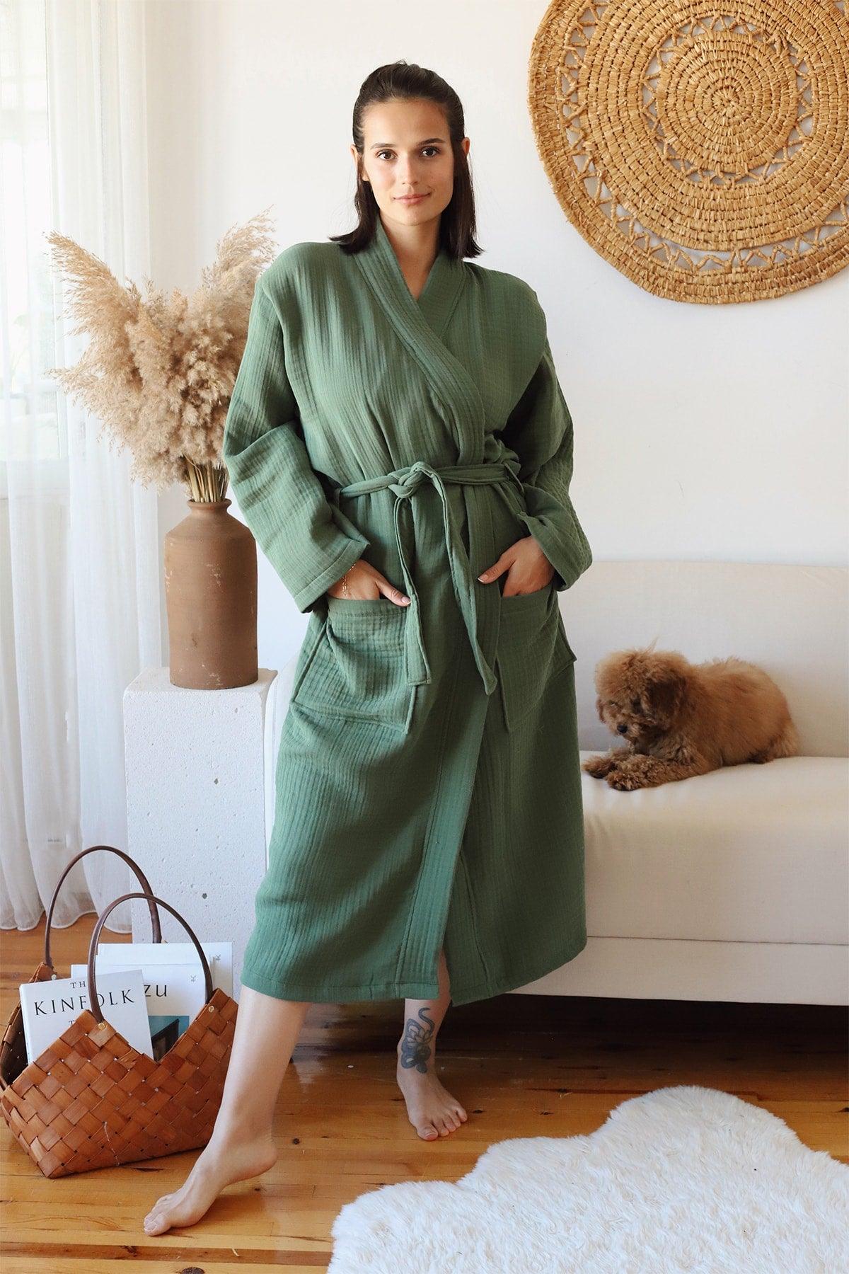 Adult Kimono Bathrobe, 100% Cotton 4 Ply Multi Muslin Dark Green - Swordslife