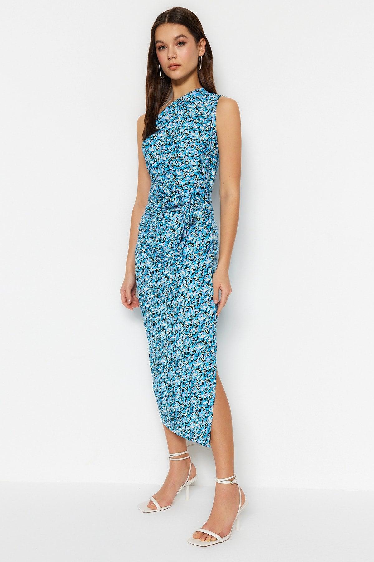 Blue Printed One-Shoulder Fitted One-Shoulder Knitted Dress - Swordslife