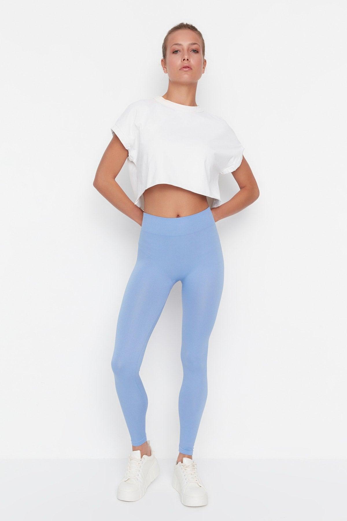 Light Blue Seamless/Seamless Ribbed Full Length Sports Tights TWOAW20TA0071 - Swordslife