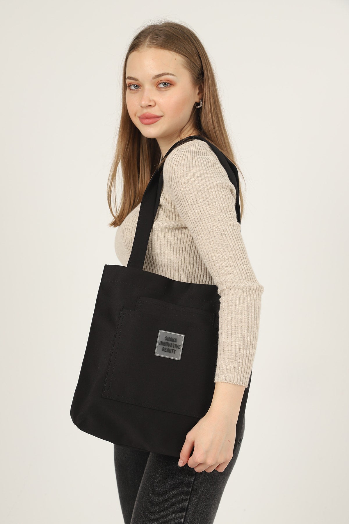 Black U22 3-Compartment Front 2 Pocket Detailed Canvas Fabric Daily Women'S Arm And Shoulder Bag B:35 E:35