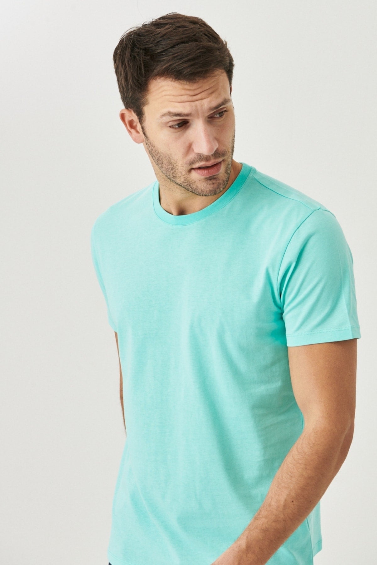 Men'S Turquoise 100% Cotton Slim Fit Slim Fit Crew Neck Short Sleeved T-Shirt