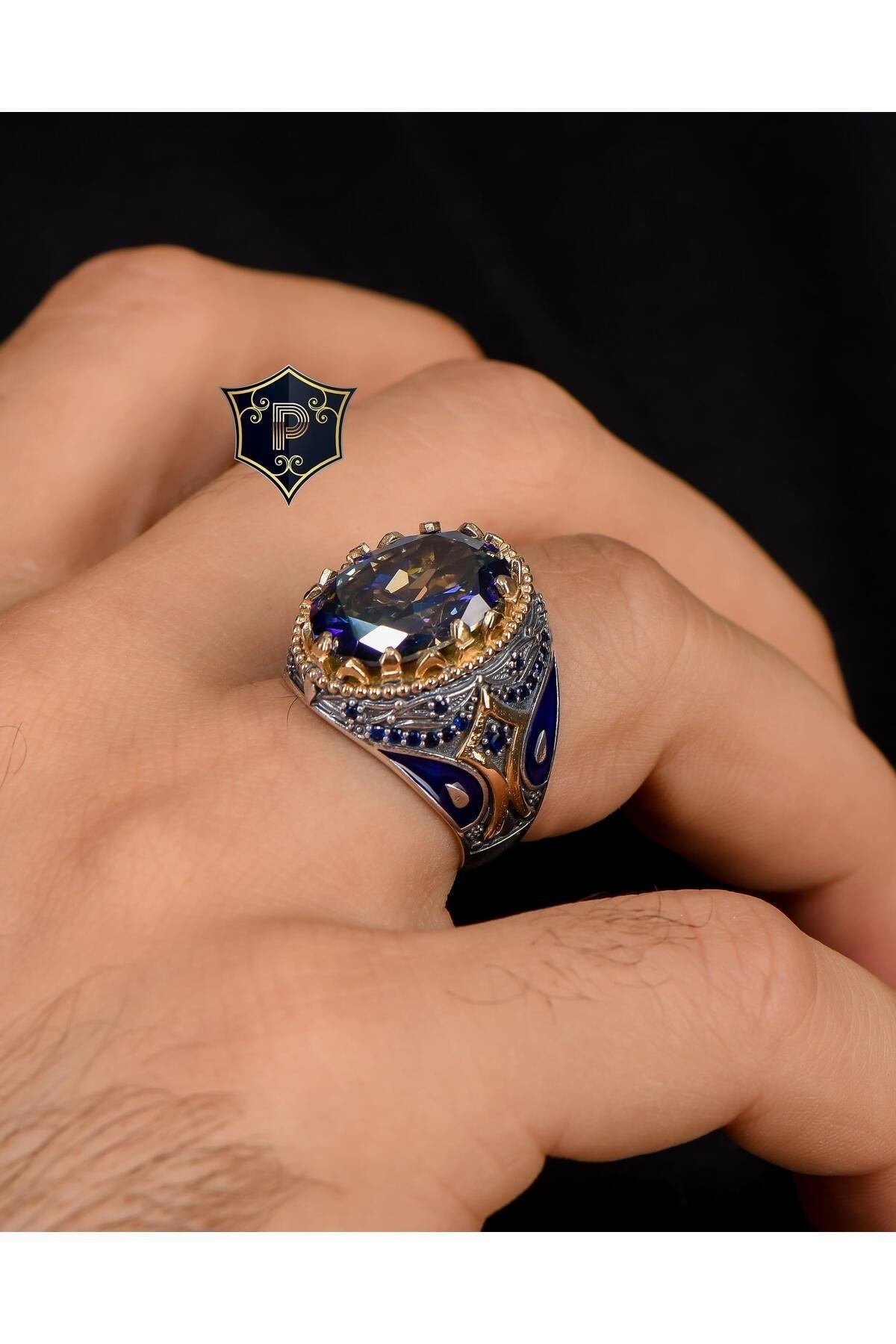 Mystic Topaz Stone Zircon Stone Decorated 925 Sterling Silver Men'S Ring