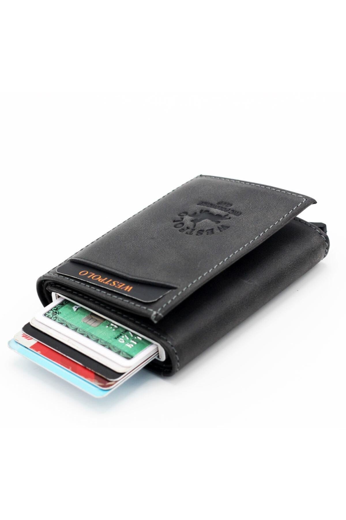 Men's Gray Genuine Leather Mechanism Wallet Card Holder