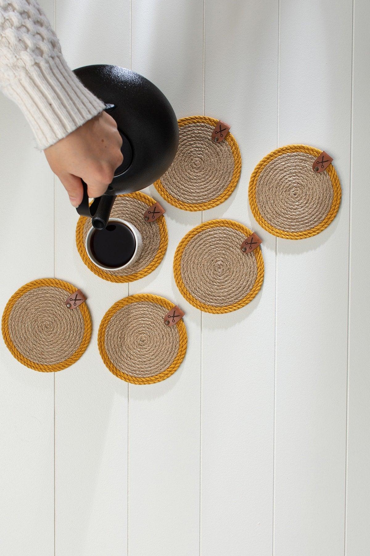 6 Pieces 13cm Mustard Striped Jute Straw Weave Coaster Presentation Set - Swordslife