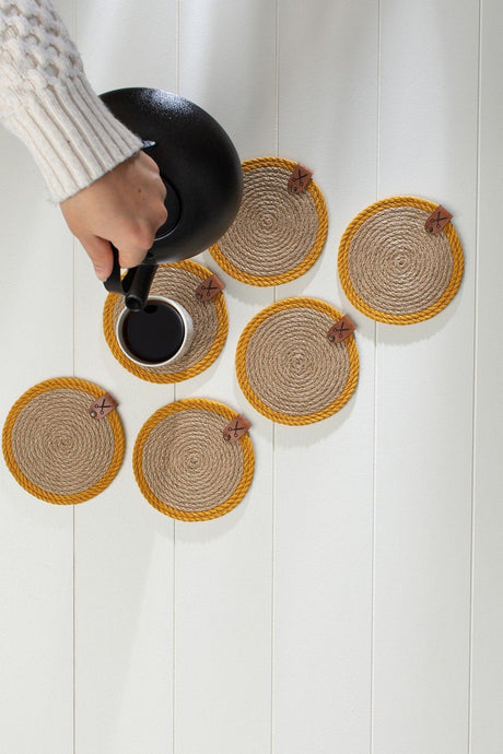 6 Pieces 13cm Mustard Striped Jute Straw Weave Coaster Presentation Set - Swordslife
