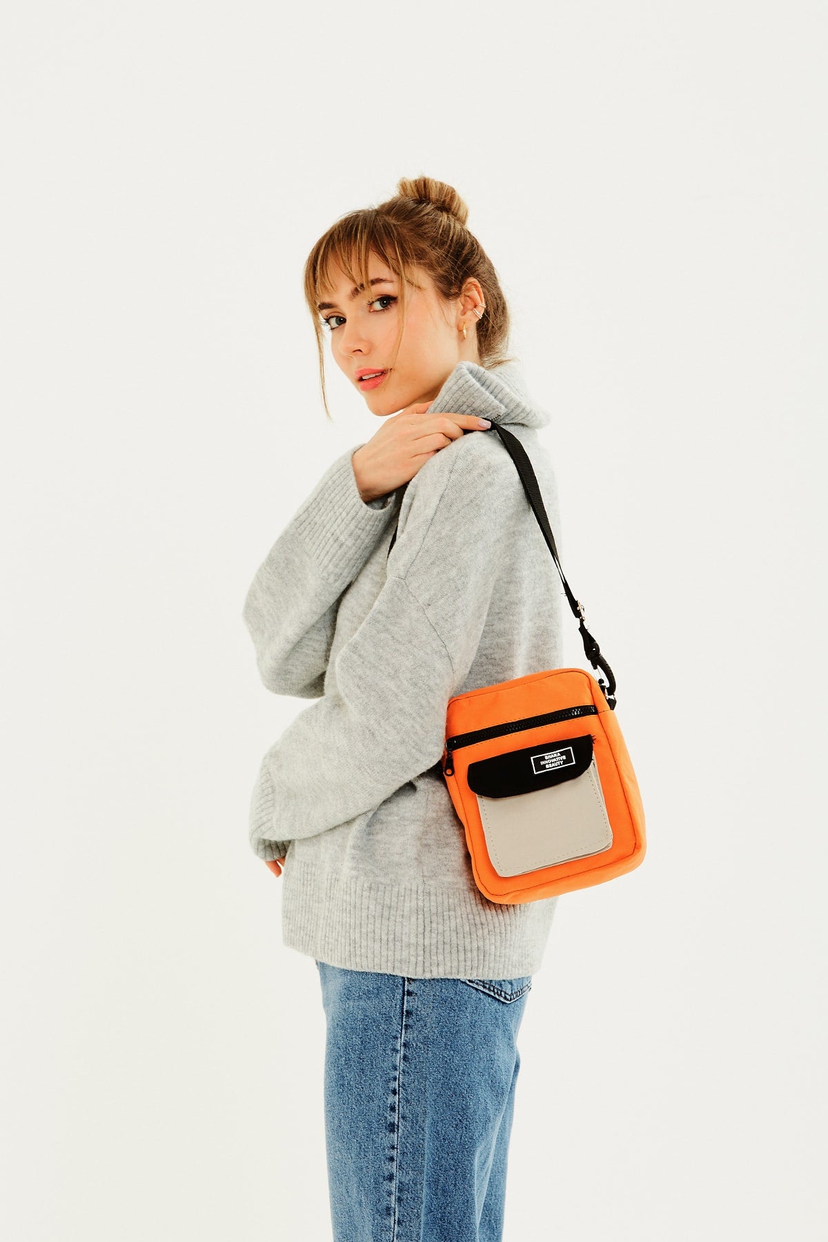Orange/Cream/Black U2 3-Compartment Cross Adjustable Strap Canvas Fabric Unisex Shoulder Bag B:22 E: