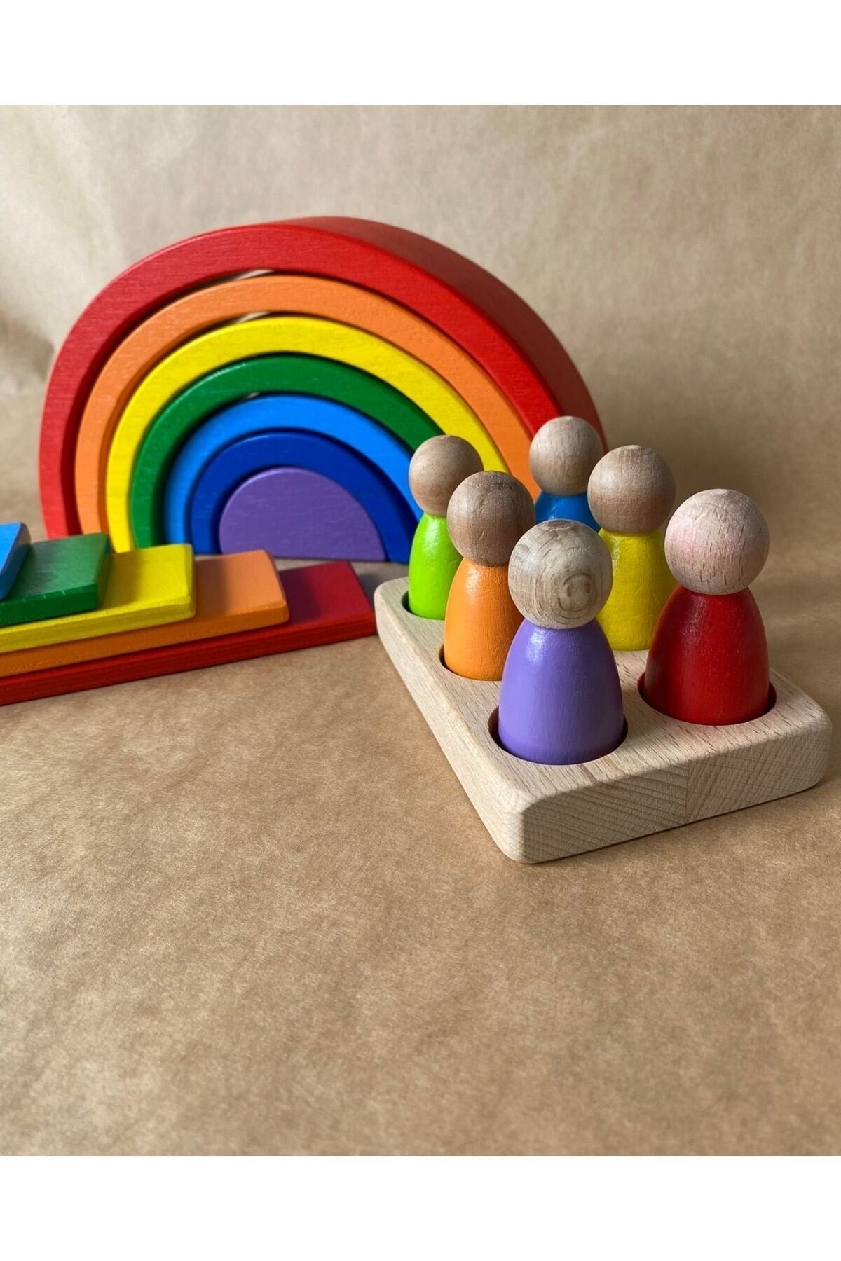 7 Pcs Waldorf Rainbow, Rectangular Flat Table Set And 6 Pcs Human Figures Play Set