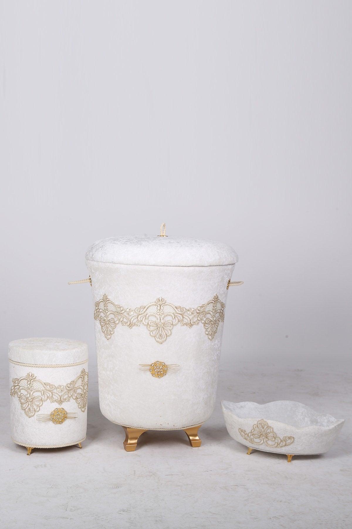 Cream Velvet Dowry Lacy Bathroom Dirty Laundry Basket Set of 3 - Swordslife