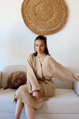 Adult Kimono Bathrobe, 100% Cotton 4 Layer Multi Muslin Light Brown - Swordslife